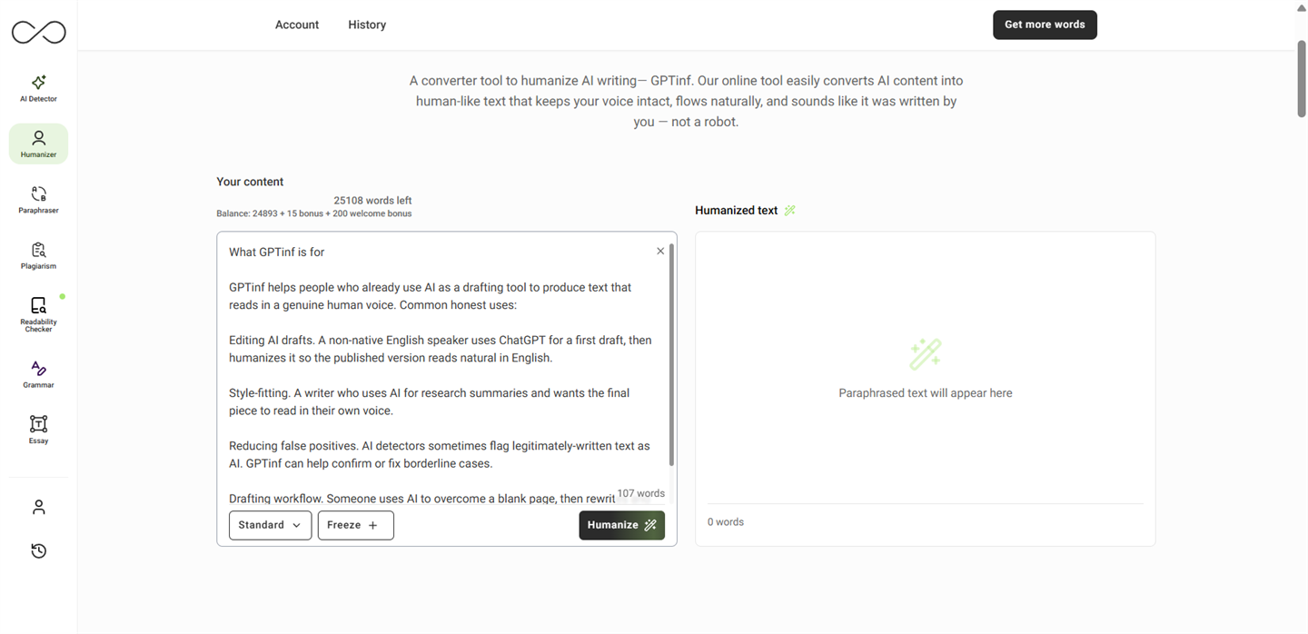 Humanizer input panel with a ~110-word AI sample pasted in. The right output panel is still empty, waiting for "Humanize" to be clicked.