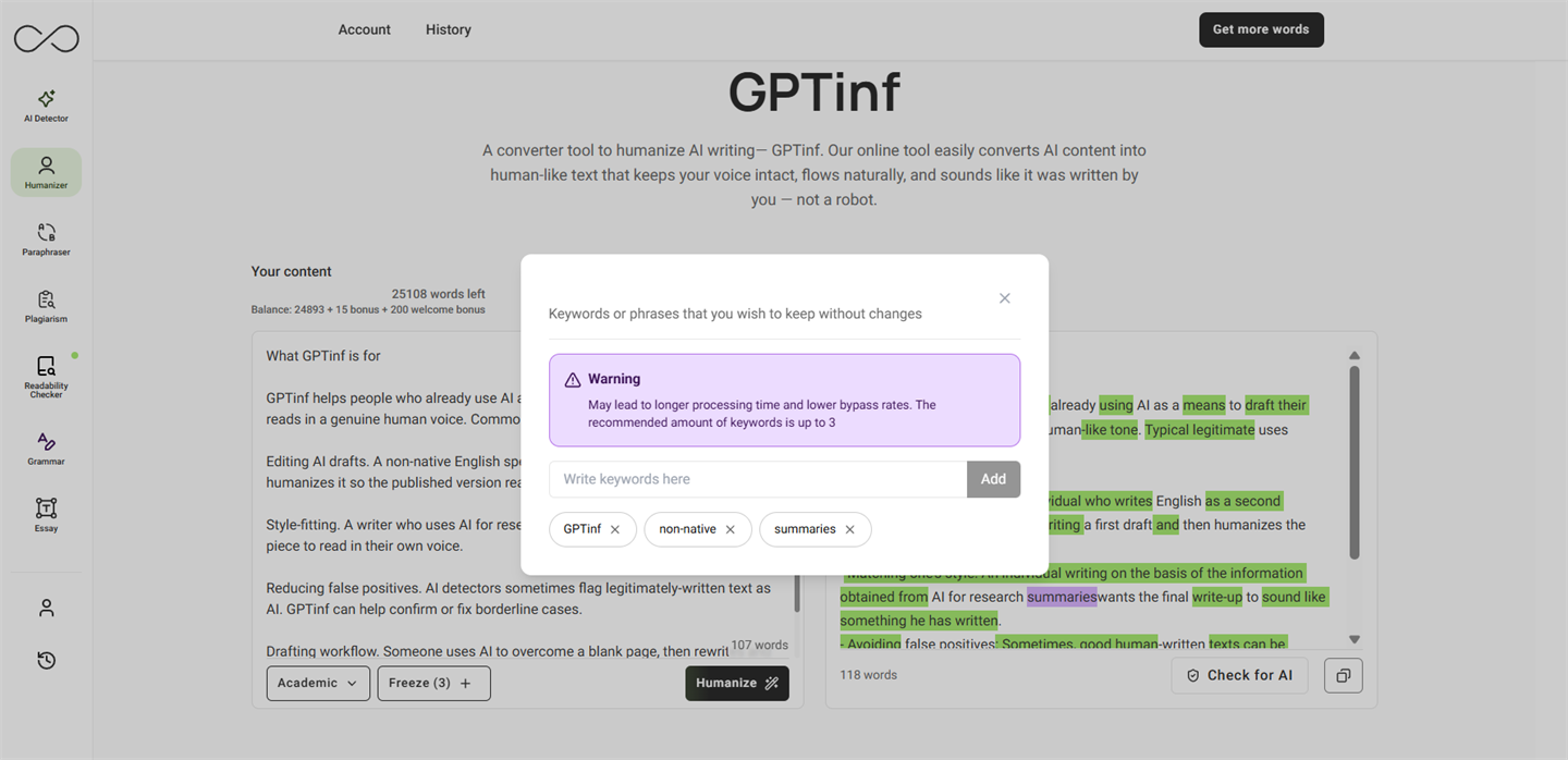 Freeze keywords panel open over the humanizer, with three keywords already added as pills — "GPTinf", "non-native", "summaries" — and a warning that the recommended maximum is 3.