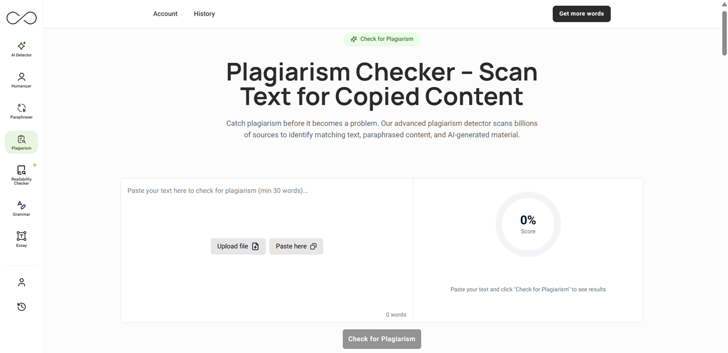 Plagiarism Checker landing page with the empty input panel ("Paste your text here to check for plagiarism, min 30 words"), Upload file / Paste here buttons, an empty 0% score panel on the right, and a "Check for Plagiarism" CTA below.