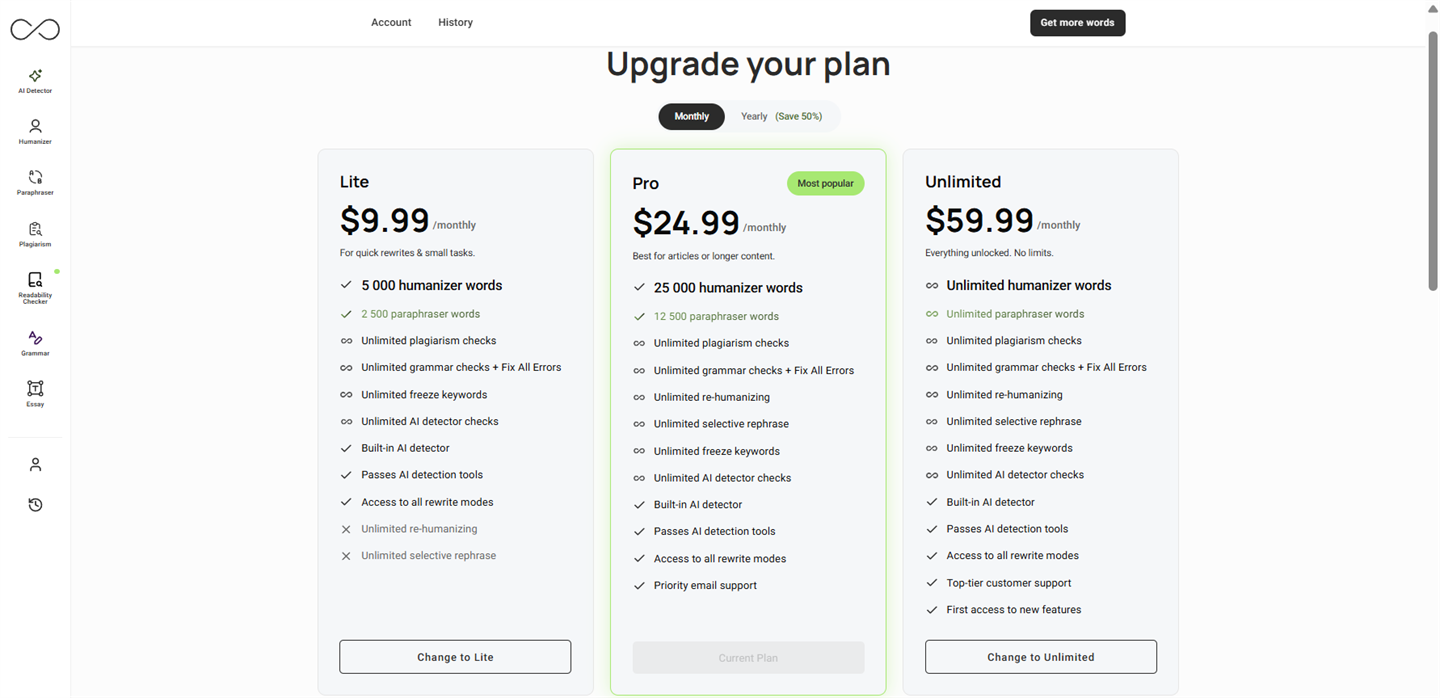 In-app pricing table with three paid cards (Lite $9.99/mo · 5,000 words, Pro $24.99/mo · "Most popular" · 25,000 words, Unlimited $59.99/mo · unlimited) and a Monthly / Yearly toggle. Each card lists humanizer + paraphraser word allowances and the included features.