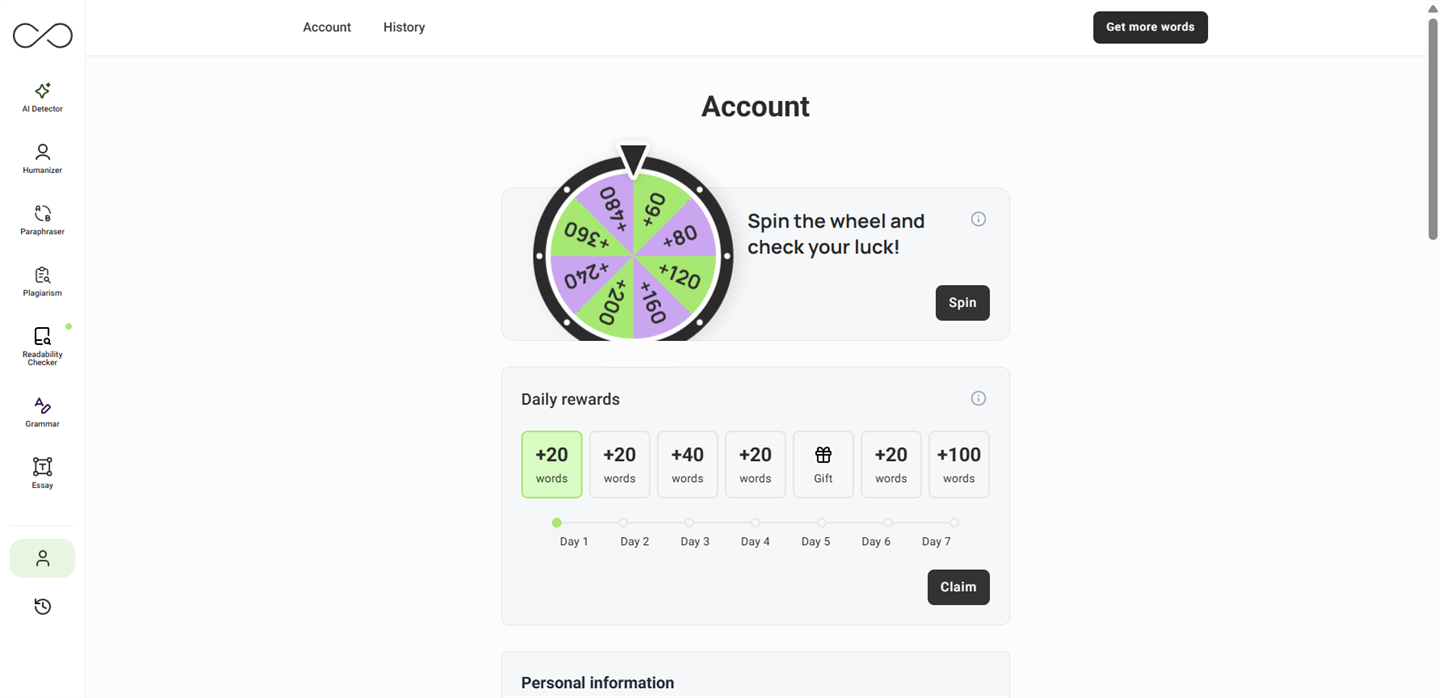 Account / settings page in GPTinf — top nav with "Account" and "History" links, sidebar with the tool list, and the page body showing rewards widgets (Spin the wheel, Daily rewards) followed by the "Personal information" section.