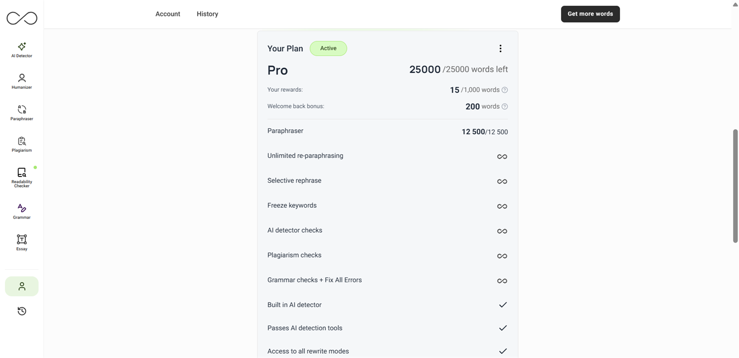 Your Plan card on the Account page — "Pro" with an "Active" badge, 25,000 / 25,000 words left, reward and welcome-back bonus rows, and an ⋮ (more-actions) menu in the top right that opens the cancellation flow. Feature rows below list paraphraser allowance plus unlimited usage of re-paraphrasing, selective rephrase, freeze keywords, AI/plagiarism/grammar checks.