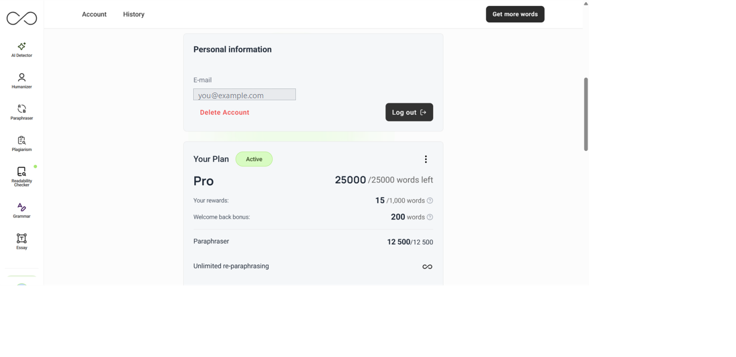 Account page "Personal information" panel — email field redacted as you@example.com, a red "Delete Account" link in the lower-left, and a dark "Log out" button on the right. The Your Plan / Pro card sits directly below.