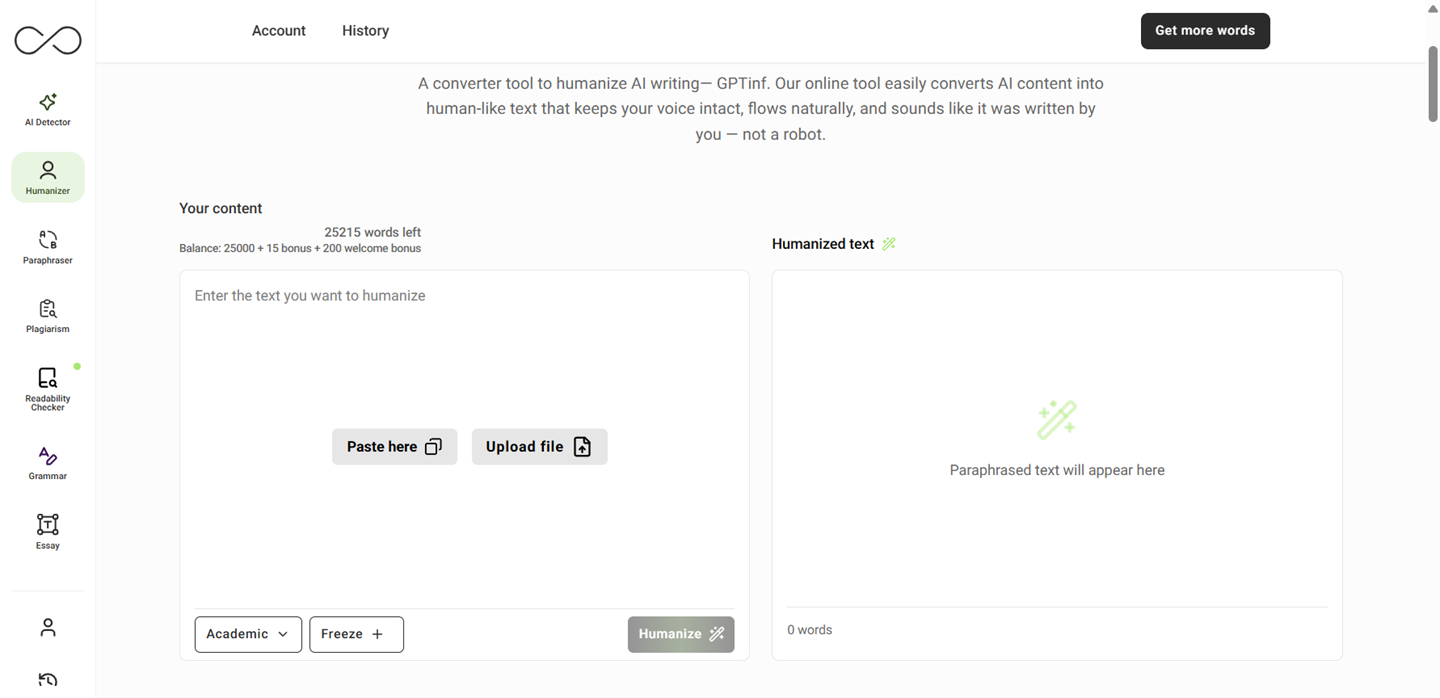 AI Humanizer page with empty input panel, mode selector showing "Academic", and the Humanize button on the right. Sidebar shows the full GPTinf tool list.