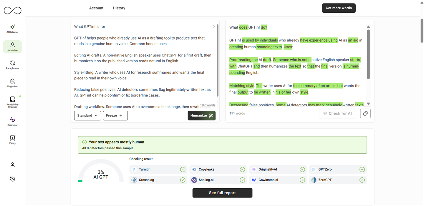 Input and humanized output side by side, with the AI detection score panel below — overall score 3% AI GPT, "Your text appears mostly human", and all 8 detectors (Turnitin, Copyleaks, Originality.ai, GPTZero, Crossplag, Sapling.ai, Gowinston.ai, ZeroGPT) marked passed.
