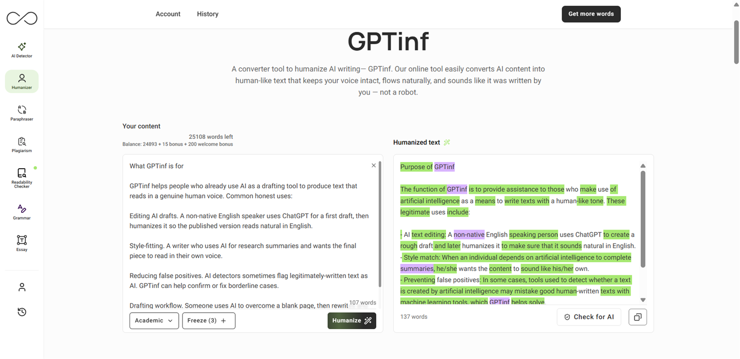 Humanized output with the three frozen terms — "GPTinf", "non-native", "summaries" — highlighted in purple and reproduced verbatim throughout the rewrite, while the rest of the text shows the green "changed" highlight.