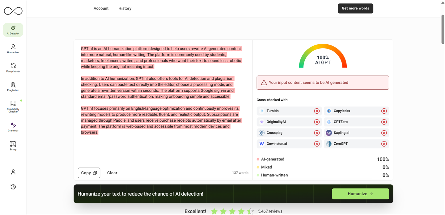 AI Detector result panel for raw, un-humanized AI text: 100% AI GPT gauge, "Your input content seems to be AI generated", and all 8 detectors (Turnitin, Copyleaks, Originality.ai, GPTZero, Crossplag, Sapling.ai, Gowinston.ai, ZeroGPT) marked with red X. Legend below shows AI-generated 100%, Mixed 0%, Human-written 0%.