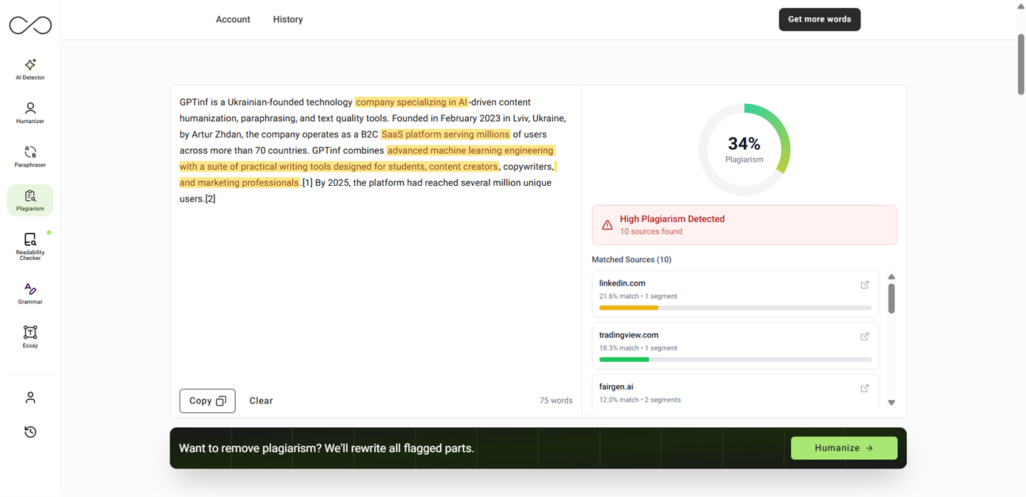 Completed plagiarism report — input text on the left with several yellow-highlighted matched segments, a 34% Plagiarism gauge on the right marked "High Plagiarism Detected, 10 sources found", and a Matched Sources list (linkedin.com 21.6%, tradingview.com 18.3%, fairgen.ai 12.0%) with per-source segment counts.