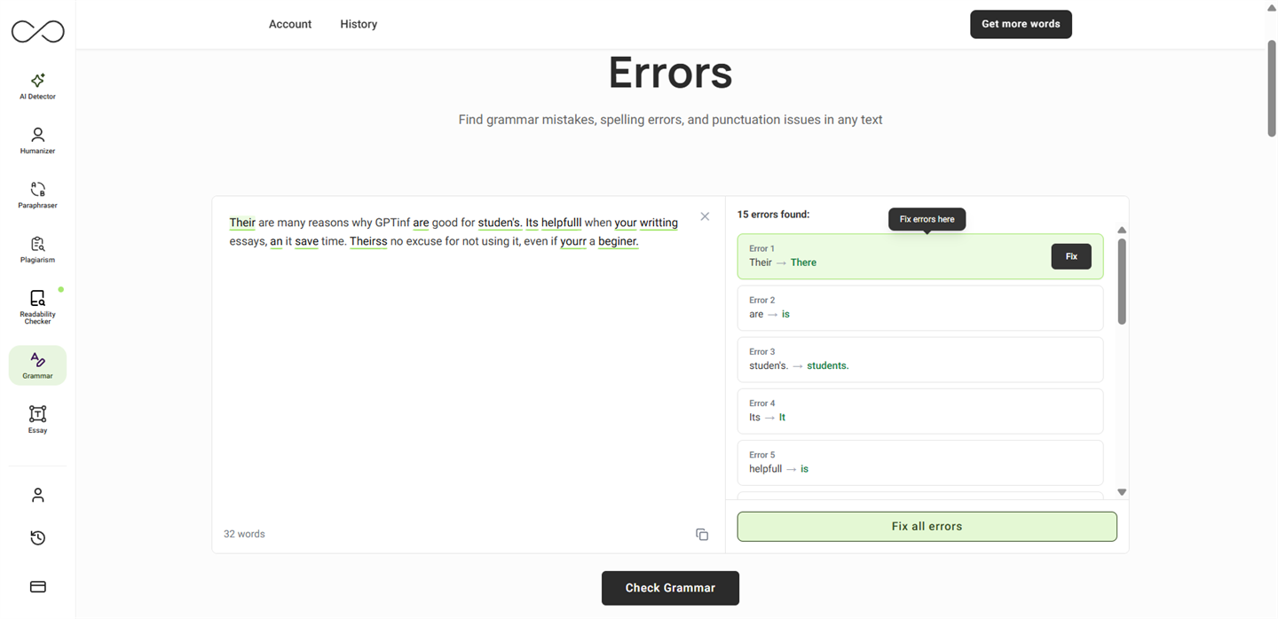 Grammar Checker showing a 32-word paragraph with 15 errors underlined in the input. The fix list panel on the right enumerates each suggestion (Their → There, are → is, studen's → students., Its → It, helpfull → is, …) with per-fix "Fix" buttons and a "Fix all errors" CTA at the bottom.