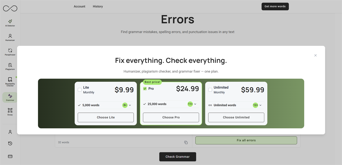 Upgrade modal triggered when a Free user clicks "Fix all errors": three pricing cards (Lite $9.99/mo · 5,000 words, Pro $24.99/mo "Best price!" · 25,000 words, Unlimited $59.99/mo · Unlimited words) with "Choose Lite / Pro / Unlimited" buttons. The grammar input panel sits dimmed behind the modal.