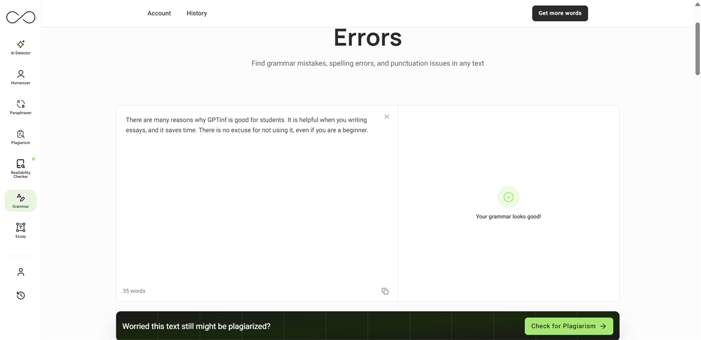 Same paragraph after Fix All Errors ran on a Pro account: the input now reads "There are many reasons why GPTinf is good for students…" with every previously-underlined word silently corrected, no error indicators left. The right panel shows a green check and "Your grammar looks good!"