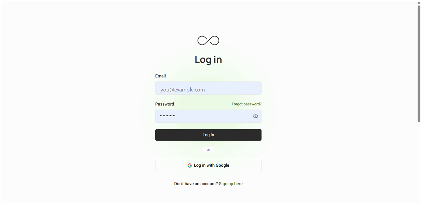GPTinf sign-in page: Email field showing a "you@example.com" placeholder, Password field with the value masked, "Forgot password?" link to the right of the Password label, "Log in" button, an "or" divider, and a "Log in with Google" button. A "Don't have an account? Sign up here" link sits below.