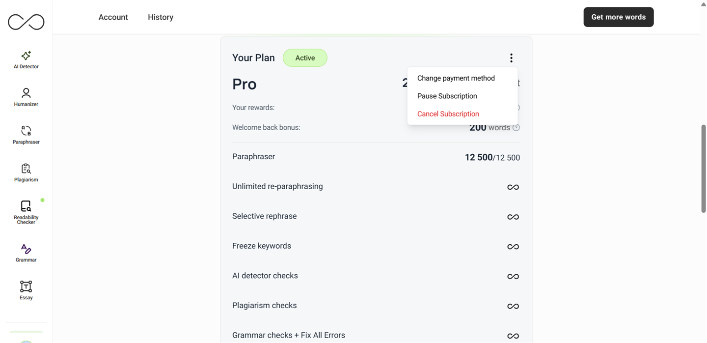 ⋮ overflow menu open on the Your Plan card, showing three options: Change payment method, Pause Subscription, and Cancel Subscription (highlighted in red).